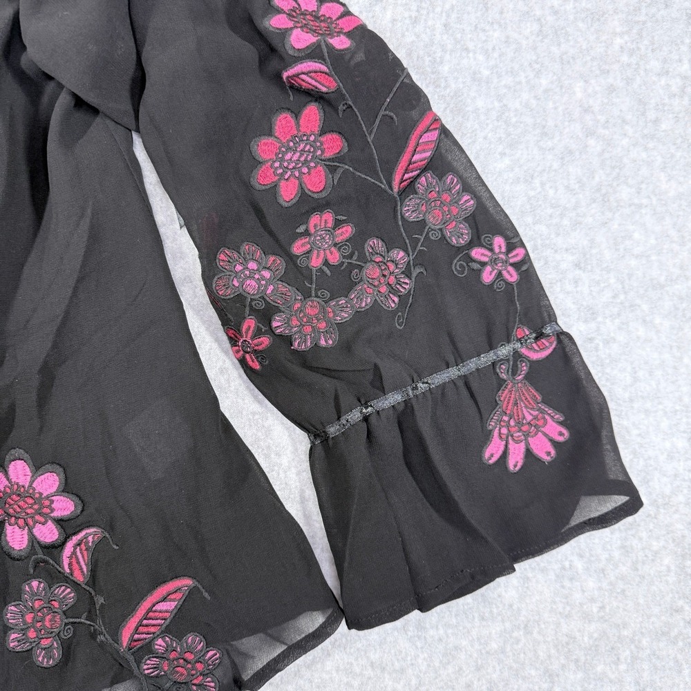 For Love & Lemons Blouse Women L Black Good Floral Embroidered Boho Ribbon Tie - Picture 11 of 14